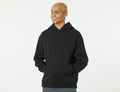 Person wearing a black hoodie on a white background